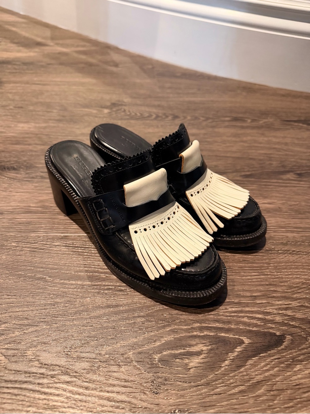 Burberry Beckshill Kiltie Fringe Leather Mules